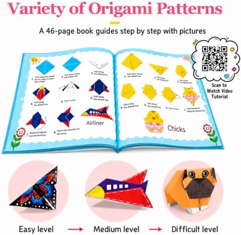 Origami Kit for Kids Ages 5-8 8-12, 100 Sheets Colored Origami Paper - 45 Animal Patterns with Instruction Manual & Video Guide, Travel Game Activity, Gifts for 8 Year Old Girls