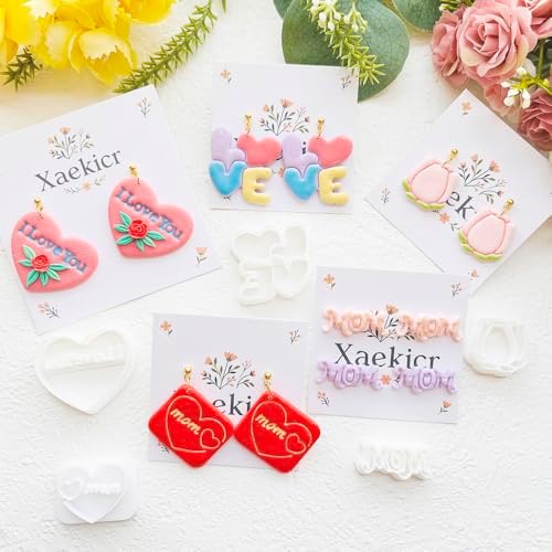 Mother’s Day Polymer Clay Cutters & Stamps Set - 10pcs Sharp & Durable Mom, MAMA, LOVE, Puzzle Heart, Envelope & Cake Shapes for DIY Earring Jewelry Making, Soft Clay Crafts & Holiday Supplies