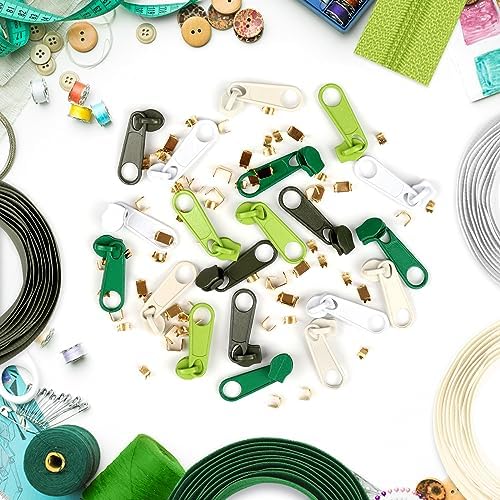 DOITEM 15.3 Yards/ 14 m 5 Pieces Assorted Colors #3 Nylon Coil Zippers, Sewing Zippers Endless Zips with 20 Pieces Zipper Sliders Zip Heads for DIY Sewing Tailor Craft Supplies (Green White)