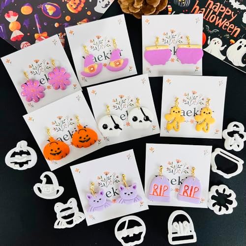 Xaekicr Halloween Polymer Clay Cutters Set – 8Pcs Clay Cutters for Earrings, Pumpkin Skull Witch Hat Molds for DIY Clay Jewelry Making