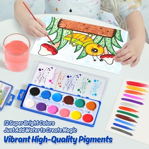 12 Packs Watercolor Paint Set Bulk, 12 Vibrant Colors Washable Watercolors with Brushes for Kids, Art Activities Painting Supplies for School Classroom Home