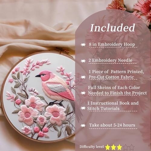 FONNUY Embroidery Kit for Beginners, Hummingbird Flowers Pre-Stamped Pattern Kits for Adults with Hoop, Easy to Follow Color Thread Needlework, 8''Hoop (Lightpink)