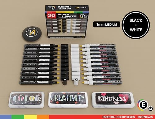 TOOLI-ART Black And White Acrylic Paint Markers Paint Pens Set For Rock Painting, Canvas, Mugs, Metal, Glass Paint, Fabric, Wood, DIY. Non Toxic, Quick Dry,Waterbas (MEDIUM)