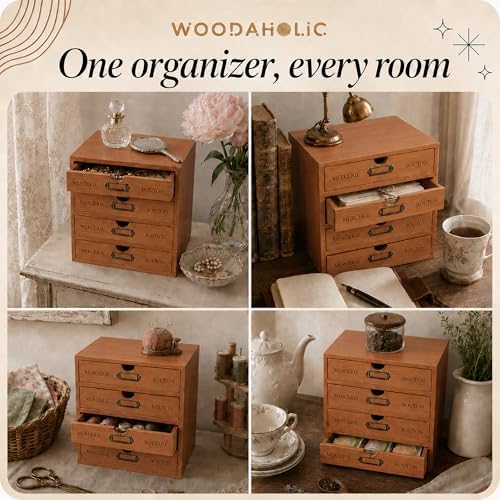 Modular Stackable Apothecary Cabinet 4 Drawer Desk Organizer - Retro Library Card Catalog Wood Storage Box - Organize Stationery, Thread Embroidery, Sewing, Crafts, Junk Drawer & Supplies Countertop