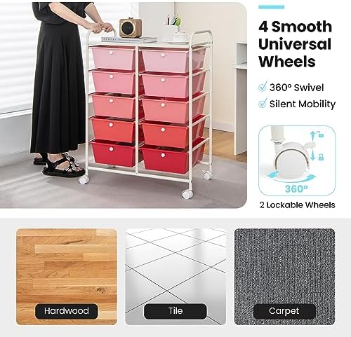 Giantex 10 Drawers Rolling Cart, Classroom Organizers, Storage Cart with Wheels, for Teacher Office Home School Supplies Tool Craft Art Paper, Pink Gradient