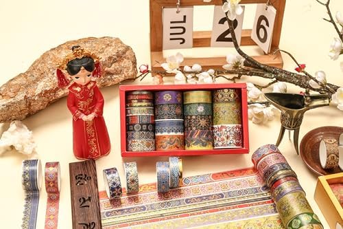 20 Rolls Chinese Style Washi Tape Set, Ancient Palace Pattern Decorative Masking Tapes with Gold Foil, Various Sizes for Craft, Scrapbook, DIY, Gift Wrapping (21-Auspicious Palace Brocade)