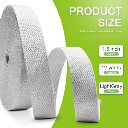 Cotton Webbing 1.5 Inch 12 Yards Natural Cotton Webbing Straps for Bags Handles, 1.5 Inch Weave Webbing for Cloth Tote Bag Straps Making,Cloth Belt, DIY Crafts Decoration (Light Gray)