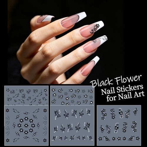 Teenitor 50 Sheets Nail Stickers for Nail Art, Colorful Flower Nail Art Stickers for Kids, 3D Self Adhesive Black & White Flower Fingernail Stickers for Women Girl, Daisy Nail Decals for Spring Summer