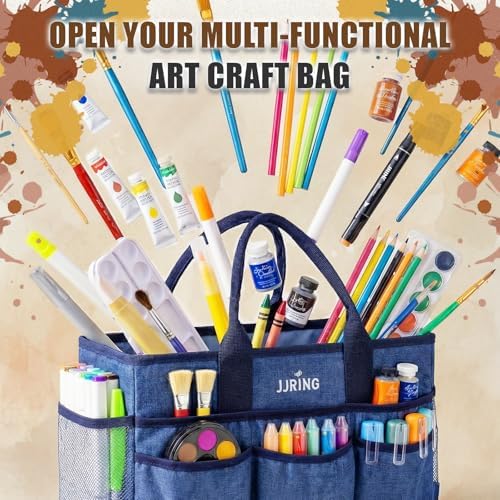 JJRING Large Art Supply Storage Tote Bag With Mesh Pockets, Blue