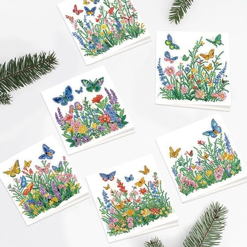 Tontut 6pcs Diamond Art Painting Kit Greeting Card, Green Flower Butterfly 5D DIY Diamond Handmade Holiday Greeting Card with Envelope, Holiday Gift Congratulations
