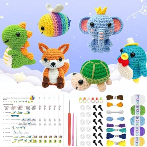 OLHKYN 6Pcs Crochet Kit for Beginners, 2026 DIY Craft for Adults, Great Gift for Crochet Lovers, Crocheting Animal Kits with Step by Step Videos,Yarn,Crochet Hook,Birthday Holiday Gift
