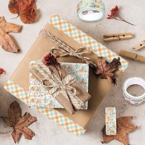 Whaline 12 Rolls Fall Washi Tape Autumn Pumpkin Plaid Truck Washi Tape Cyan Orange Harvest Decorative Masking Tape for Thanksgiving Scrapbook Journal DIY Art Craft Gift Wrapping Supplies