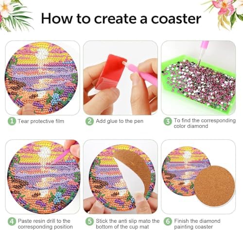 8 Pcs Diamond Art Coasters Kit for Adult with Holder, Diamond Coaster 4x4in