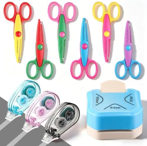 FunooFuno 11 Pcs Scrapbook Supplies Junk Journal Supplies 4 Scrapbook Tape 3 in 1 Corner Cutter Set 6 Craft Scissors Glue Tape Zig Zag Design Pattern Scissors for Crafts Card Making Schools Offices