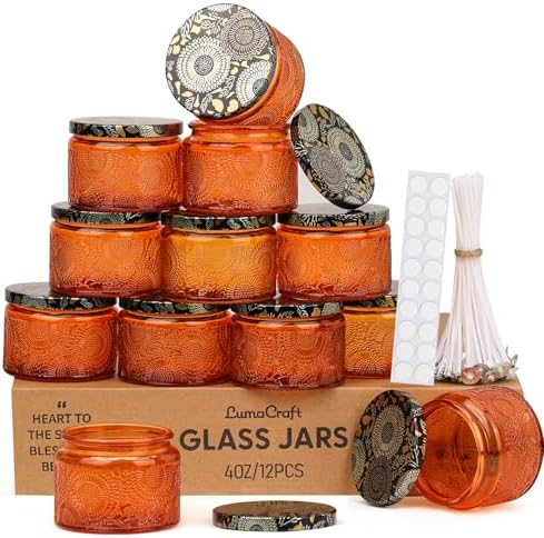 LumaCraft Luxury Embossed Glass Candle Jars for Making Candles - 12 Pack 4oz Empty Candle Containers with Airtight Metal Lids, 20 Wicks & 20 Stickers, Colored Glass Jars for Gifts & Decor