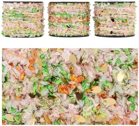 Artisanal Yarn Collection Multifiber Fancy Yarn for Knitting Crocheting Crafts DIY, Set of 3 Rolls (Interwoven Pink & Green with Golden Sequins)