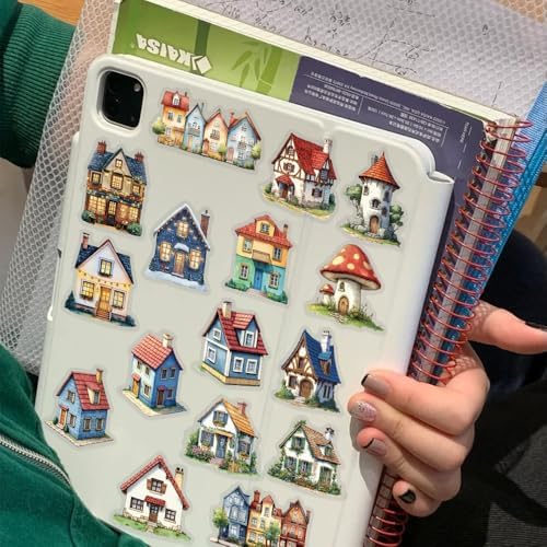 50PCS Fairy Tale Cottage Stickers – Waterproof Clear Stickers of Whimsical Fantasy Houses, Mushroom Homes & Vintage Storybook Buildings for Scrapbooking, Journaling, Art Crafts,Water Bottle, Laptop