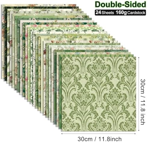 Green Scrapbook Paper Vintage Flower Pattern Papers Pad 12×12,24 Sheets Double-Sided Mother's Day Bobo Floral Scrapbooking CardStock Paper Pad for Holiday Cardmaking DIY Origami Papers.