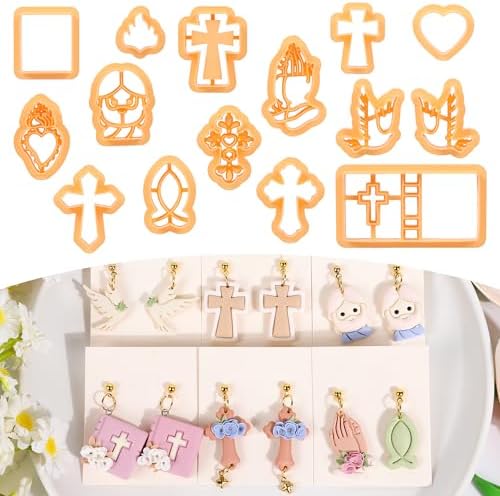 Puocaon Christian Polymer Clay Cutters - 15 Pcs Polymer Clay Cutters for Earrings Jewelry, Bible Books Jesus Cross Pigeon Shape