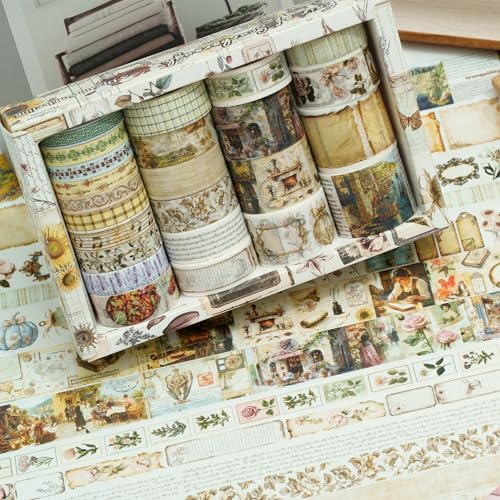 Vintage Washi Tape Set - 24 Rolls Arts Adhesive Tapes Assorted Retro Decorative Masking Tape Sets for Craft, Kids, Scrapbook, DIY, Gift Wrapping (6-Timeless Notes)