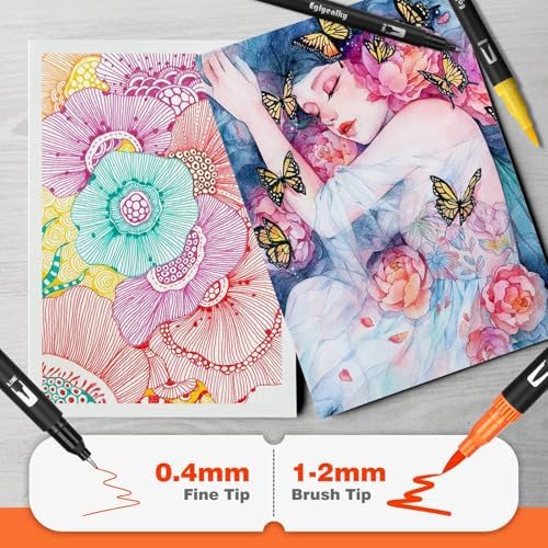 Eglyenlky Dual Brush Pens, Markers for Adult Coloring Book,100 Water Colors | Art Pens with Fine Point Markers and Brush Tip for Adult Kids Drawing (Black Set)