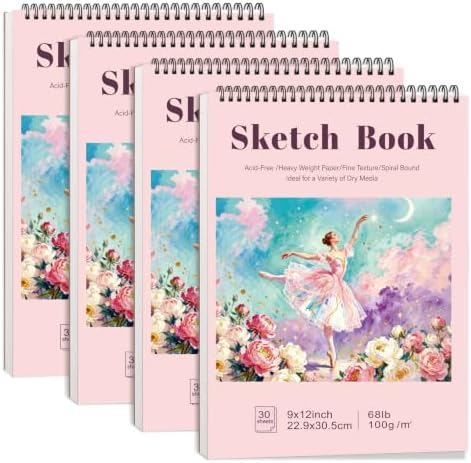 4 Pack Sketch Book 9 × 12 Inch, Top Spiral, 30 Sheets Each, Pink | 100gsm Acid-Free Paper, Hardcover with Rigid Backing, Lay-Flat Top Spiral, Ideal for Graphite, Ink & Charcoal
