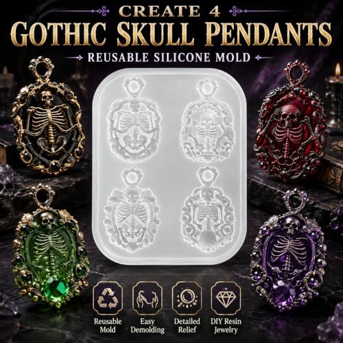 4-Cavity Ornate Skeleton Cameo Pendant Resin Silicone Mold with Hanging Hole, Gothic Skull Epoxy Resin Casting Mould, DIY Necklace Charm Mold for Halloween Christmas Handmade Jewelry Craft (KL04)