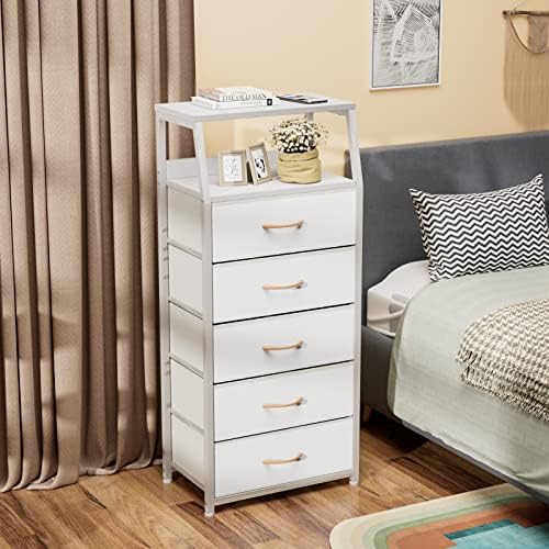 Furnulem White Tall Dresser for Bedroom, 5 Fabric Bins Tall Nightstand