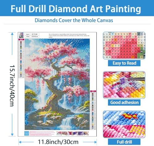 TYPUSOK Waterfall Diamond Art Kits for Adults,Round Full Drill 5D Diamond Painting Kits for Beginners,Cherry Blossoms DIY Diamond Dots Pictures Gem Art Kit,Home Wall Decor 12x16in