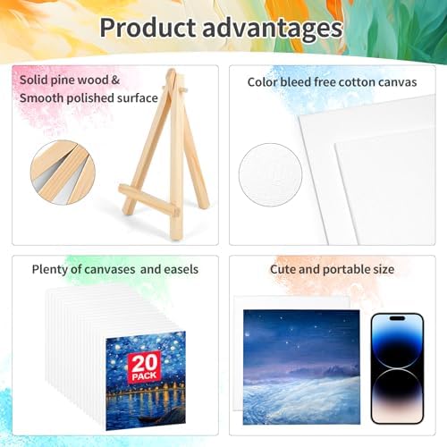 20 Pack 5.9In Canvas Boards for Painting, Art Canvas for Drawing with 10 Brushes & 5 Paint Trays, Mini Painting Canvas with Easel Set, Painting Kits for Adults Party