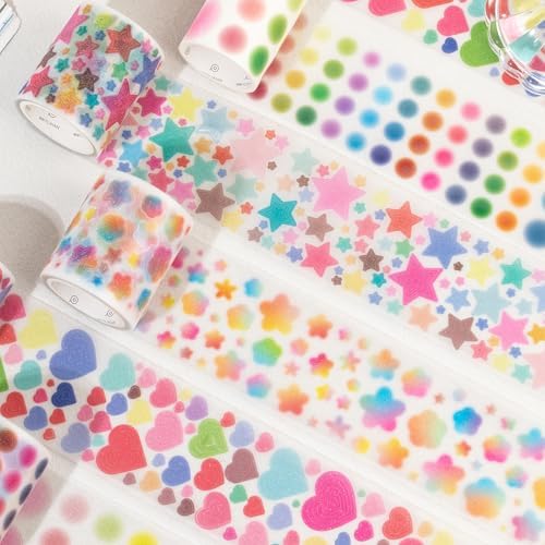 Colorful Gradient Heart Circle Flower Star PET Tape Stickers For Journaling Pre Cut Hearts Circles Stars Flowers PET Washi Tape Set Junk Journal Decorative Floral Circular Stickers Scrapbook Supplies