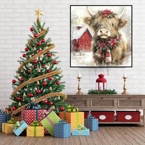 ijbnhd Christmas Diamond Art Kits for Adults Christmas Cow 14x14in