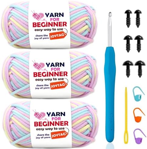 3 Pack Beginners Crochet Yarn Pink Purple Blue Yellow Cotton Crochet Yarn for Crocheting Knitting Beginners with Easy-to-See Stitches Cotton-Nylon Blend Crochet Yarn for Beginners Crochet Kit(3x50g)