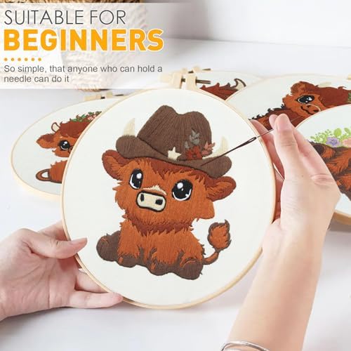 Kuabiz 5 Sets Highland Cow Embroidery Kits for Beginners Cross Stitch Kit for Adults Highland Cow Pattern Embroidery Starter Kit Embroiderys Hoop Needlepoint Kits with Instruction Needles Threads