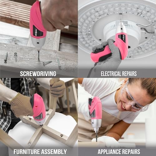 Hi-Spec Small Electric Screwdriver, Mini Drill Set, Rechargeable 3.6V Cordless Screwdriver with 26 Driver Bits, Power Tool for Small Projects & Home Use, Pink | 27pc, Speeds furniture assembly, comfortable cordless control, LED work light, USB charging...
