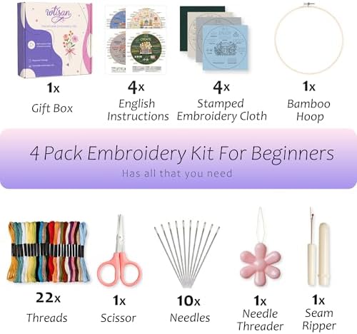 wtisan Embroidery Kit for Beginners, 4 Floral Patterns Cross Stitch Kits