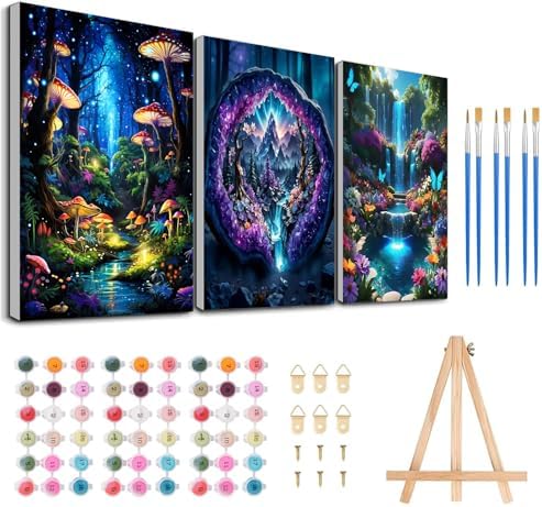 3 Pack Framed Paint by Numbers for Adult with Wooden Easel (8x12 inch) | Dream Forest Paint by Number on Canvas Oil Painting Kit with Brushes, Easy Adults' Paint-by-Number Kits for Home Wall Decor