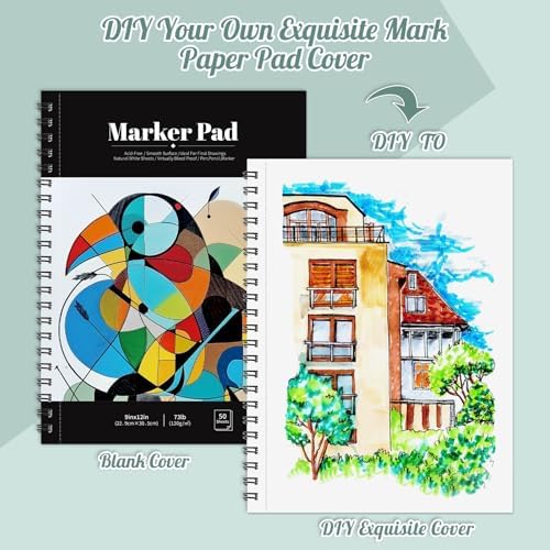 9 × 12 in Marker Paper Pad, 50 Sheets, Spiral Bound, 120gsm | Bleed-Resistant Acid-Free Paper, Smooth for Alcohol Markers, Pencils & Acrylics, Easy-Tear Pages, Lays Flat for Drawing