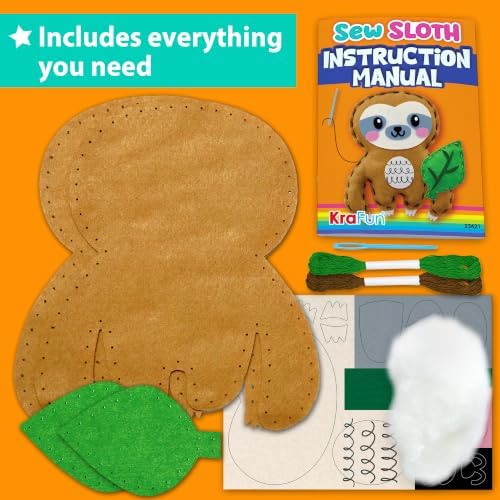 KRAFUN Beginner Sewing Kit, Sew Sloth & Leaf, Pre-Cut Felt, Kids Ages 5+