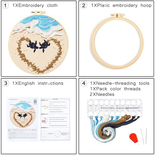 Crafmanoe Beach Embroidery Kits for Beginners Adults, Coastal Stamped Cross Stitch Kits for Beginners Adults, Hand Embroidery Needlepoint Starter Kits, Valentine's Day Gift for Women (Video Tutorial)