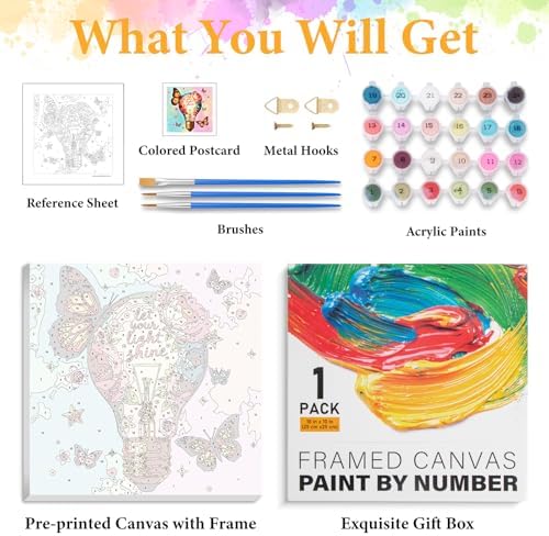 Framed Paint by Numbers Kit for Adults, Butterfly Floral Decor 10x10 Inch
