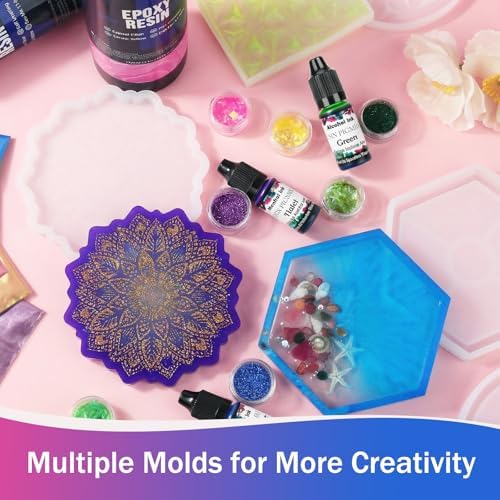 KISREL Epoxy Resin Kit for Beginners, 32oz Resin Kit with Coaster Molds, Complete Accessories Include Pigment, Mica Powders, Dried Flowers, Glitter, Measuring Cups and Other Resina Supplie