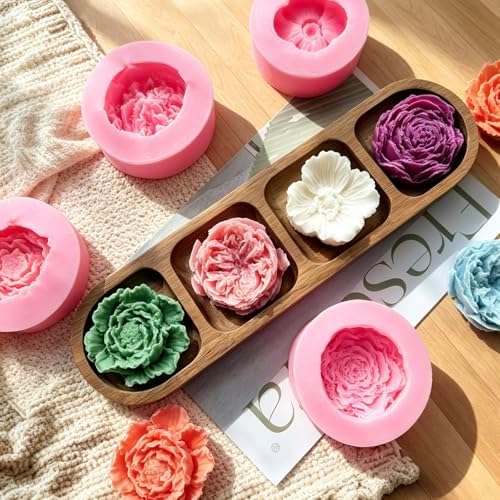 4 Pcs Flower Silicone Molds, Flower Candle Molds for Candle Making,3D Floral Silicone Resin Mold Peony Rose Ranunculus Fondant Mold for Chocolate Cake Decorating Soap Wax Resin Craft