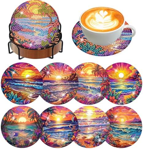 8 Pcs Diamond Art Coasters Kit for Adult with Holder, Diamond Coaster 4x4in