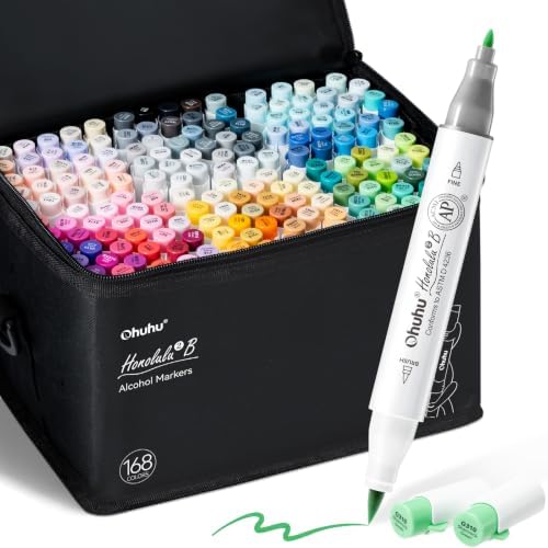 Ohuhu Alcohol Markers Brush&Fine 168 Colors for Adults Coloring Honolulu 2B | Brush Markers Set for Artists Adults Coloring Illustration, Double Tipped Brush Tip Alcohol-based AP Certified Refillable Ink