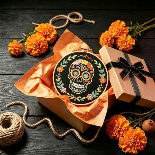 Nuberlic Sugar Skull Embroidery Kit for Beginners Adults Stamped Needlework