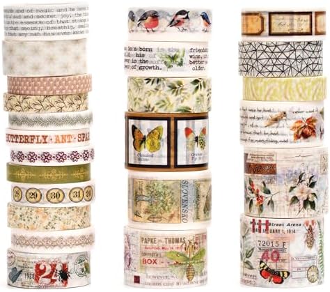 Vintage Washi Tape Set - 24 Rolls Arts Adhesive Tapes Assorted Retro Decorative Masking Tape Sets for Craft, Kids, Scrapbook, DIY, Gift Wrapping (4-Nature Journal)