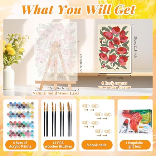 GEEHEIY 4 Pack Framed Paint by Numbers Kit for Adults, Flowers, 8 x 12 Inch | DIY Acrylic Painting by Numbers for Beginners, with Wooden Easel, Botanical Home Wall Decor, Stress Relief Craft Gift