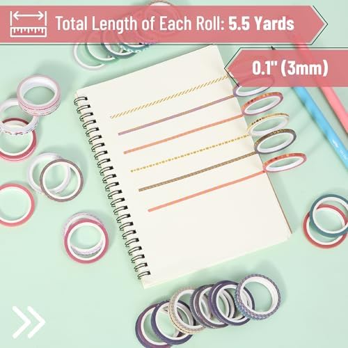 Mr. Pen- Skinny Washi Tape Set, 48 Rolls, Gold Foil Print, 3mm Wide | 5.5 Yards/Roll, Washi Tape for Scrapbook, Arts, Crafts, Journals and Planners