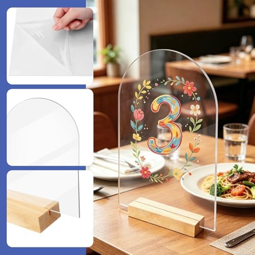 Bercoor 5 Pack 8x10 Inch Blank Clear Arch Acrylic Sign with Wooden Stands, Arched Round Top Acrylic Sheet, Arch Table Numbers for DIY Name Card Gifts Event Party Sign Decoration